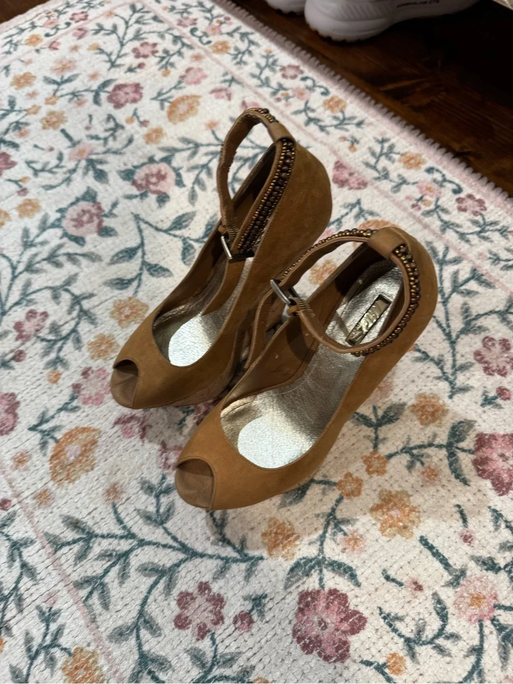 Wild Pair Tan Suede (Leather)& Cork Wedge Peep-Toe Heels with Beaded Ankle Strap